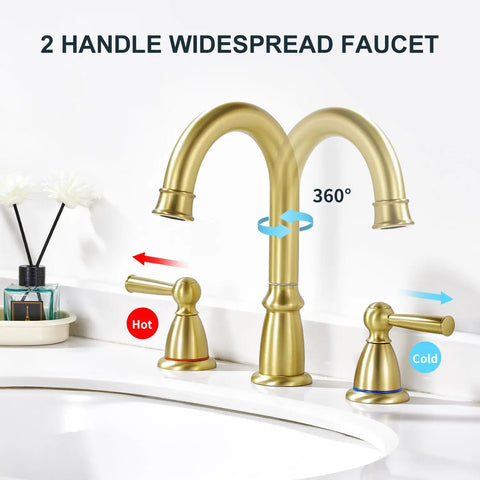 Widespread 3 Hole Brushed Gold Bathroom Faucet with no splash 8 inch center spout, pop up drain, shown on vanity sink