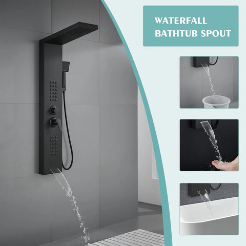 Contemporary Matte Black 4 In 1 Shower Panel System Featuring Rainfall Head And Full Body Massage Jets For A Total Game Changing Bathroom Upgrade