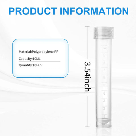 10 Pack 10ml Frozen Lab Test Tubes With Sealing Caps, Clear Plastic Vials For Laboratory Use, School Education And Research, Safe Long Term Storage, Easy Read Volume Scale. 3.54-inch PP tube