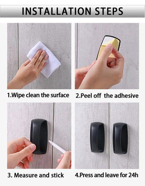 Installation steps for 6 Pack Self Stick Cabinet Handles And Drawer Pulls With Adhesive, Drill Free Installation shown.