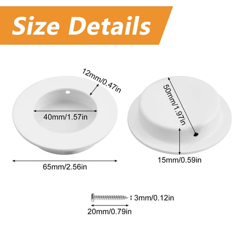 Size details for 4 Pack White Round Recessed Cabinet Handles 65mm Stainless Steel Sliding Door Pulls with 304 stainless steel screws