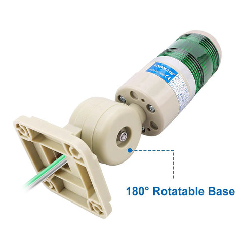 Green LED Signal Tower Light With 180 Degree Rotatable Base Continuous 110V AC Powered Industrial Stack Lamp close-up