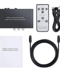 High Fidelity 192kHz Digital to Analog Audio Converter with IR Remote, cables, and user manual displayed