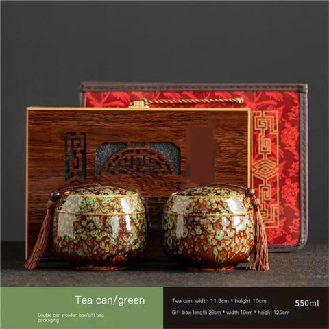 Kick Up Your Pantry Game With These Premium Ceramic Sealed Storage Jars For Loose Tea And Coffee Beans Featuring Ridiculously Tight Lids Really Cool Retro Double Bin Gift Box Organizer with two green tea canisters.