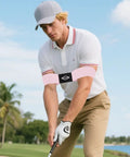Golfer using Pro Golf Swing Training Aid Arm Band For Correct Swing Alignment And Gesture Practice Ideal For Beginners Men And Boys.