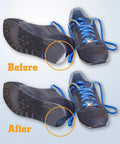 Four Pairs Shoe Heel Repair Patches Kit With Sandpaper For Worn Sneaker Heels applied on blue sneakers before and after view