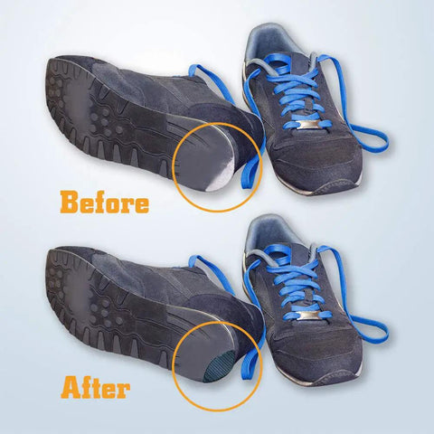 Four Pairs Shoe Heel Repair Patches Kit With Sandpaper For Worn Sneaker Heels applied on blue sneakers before and after view