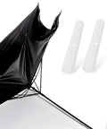 Top Shelf Folding Umbrella Repair Kit With Durable White Plastic Tail Beads And Quick Setup Design For Hassle Free Bone Coverage And Game Changing Weather Defense Slick Replacement Caps showing black umbrella with white caps.