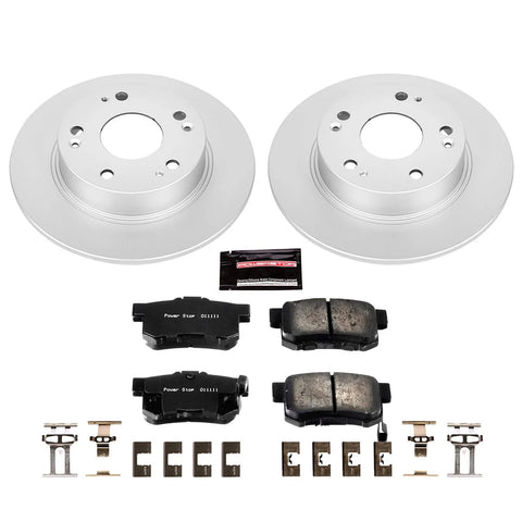 Front view of Power Stop CRK2391 rear rotor and ceramic brake pads kit with two coated rotors.