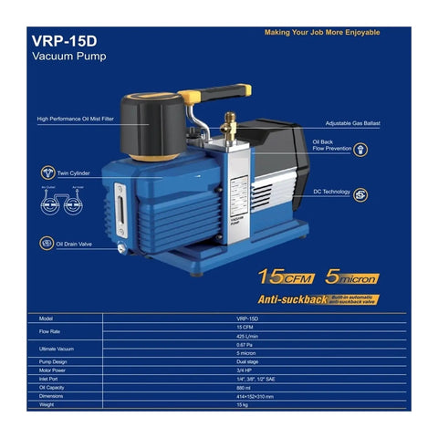 Heavy Duty Two Stage Vacuum Pump With Automatic Refill Kit, 15 Cfm 3/4 Hp features adjustable gas ballast and oil mist filter.