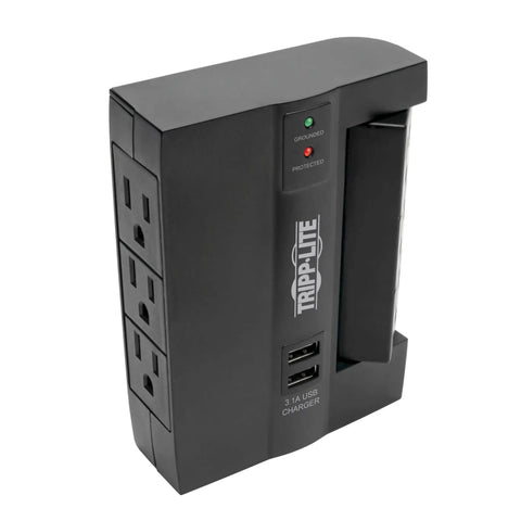 Six Outlet Surge Protector Power Strip With Three Rotatable Outlets Wall Tap Direct Plug In 1200 Joules Two USB Charging Ports Black