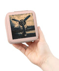 Propeller Inspired Aviation Jewelry Travel Case Pink With Plush Lining Compact 4x4x2 Inch held in hand showcasing design