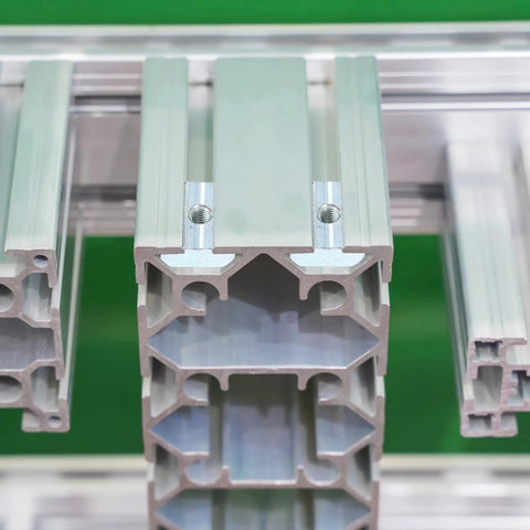 Twenty Piece T Slot Slide Nuts Premium Carbon Steel Tee Track Fasteners Nickel Coated on aluminum profiles, showing connection points.
