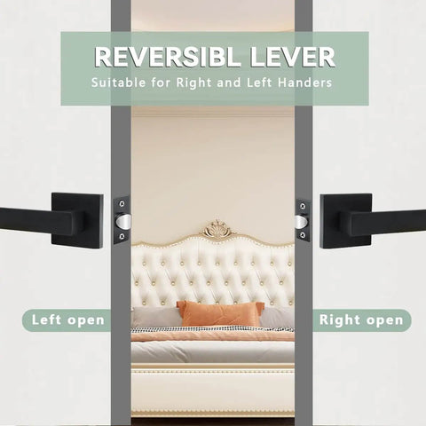 Reversible passage door levers set in black heavy duty keyless door handles square non locking design for right or left handed use.