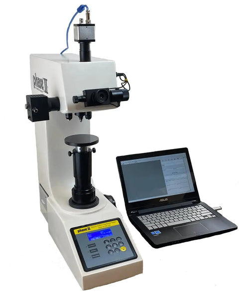 Pro Grade Digital Macro Vickers And Knoop Hardness Tester featuring a sleek design with a laptop for analysis and precision testing.