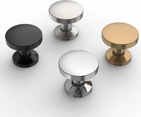 Rock Sick Matte Black Cabinet Knobs, 30-Pack Solid Round Designs For Kitchen And Closet Glow Up Four modern cabinet knobs in black, silver, and gold finishes.