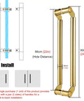 Hotel Hall Glass Door Handle Set Modern Round Metal Push Pull Lever With No Fuss Easy Install Fitting Durable 304 Stainless Steel Gold Finish Solid Wood Door Handle 60cm Long Premium Door Hardware For Glass And Wood Doors, diagram view of installation and dimensions