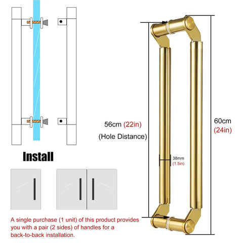 Hotel Hall Glass Door Handle Set Modern Round Metal Push Pull Lever With No Fuss Easy Install Fitting Durable 304 Stainless Steel Gold Finish Solid Wood Door Handle 60cm Long Premium Door Hardware For Glass And Wood Doors, diagram view of installation and dimensions