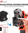 Close-up of Open Barrel Deutsch DT Crimp Tool For 14-18 AWG 16 Size showing special locator and grip design in hand.