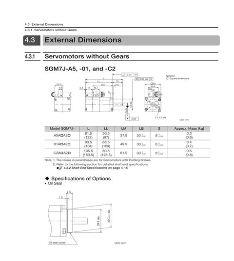 CHUNYE SGM7J mini servo motor external dimensions drawing with front and side views (no gears) and dimension table