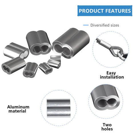 1/8 Inch Aluminum Crimp Loop Sleeve For Wire Rope, 3mm Cable Ferrules, Heavy Duty Crimp Loops, Rust Resistant Aluminum Ferrules, Easy Crimp With Pliers Or Crimp Tool, Pack Of 30, shown with two holes