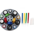 Pro Grade Watch Oil Dish Tool Kit With Five Dishes And Four Pens Rotating holder top view showing metal stand