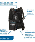 Super Cinch Front Adjustable Scuba Diving BCD With Balanced Power Inflator For Recreational Diving, small size, EndurTex material.