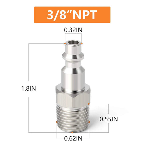 Industrial 3/8-Inch MNPT Male Air Plug, 1/4-Inch Body, high flow pneumatic plug with dimensions labeled, nickel plated steel.