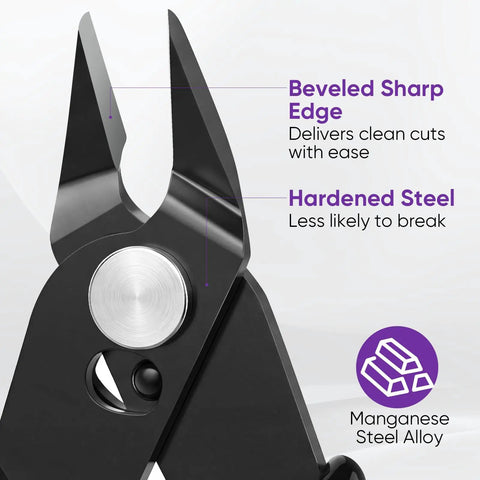 Close-up of 5 Inch Micro Flush Cutters Set 2 Pack Pro Grade Precision Zip Tie And Wire Cutting Pliers with sharp beveled jaws.