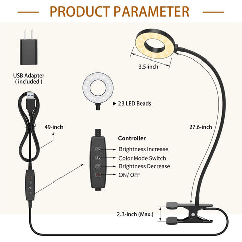 Clip On LED Desk Lamp With Flexible Arm 3 Color Modes And 10 Brightness Levels Energy Saving Eye Care Reading Light For Bedside Kids Reading Books Studying Zoom Calls And Computer Setup Black with USB adapter and controller