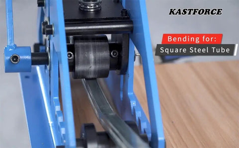 Close-up of Tube Roller Bender Beast With 6 Interchangeable Dies bending a square steel tube, showcasing professional pipe rolling machine in action.