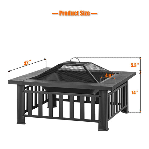 32 Inch Square Outdoor Fire Pit Table With Spark Screen And Fire Poker 3 In 1 Multipurpose Fire Pit for patio garden and yard