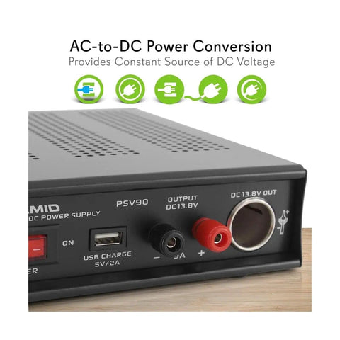 Front view of Universal Benchtop Power Supply For Home Labs, 9 Amp Regulated AC-DC Converter With 13.8V DC Output, featuring controls.