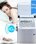 Game Changing Countertop Ice Cube Maker Pushing Fifty Five Lbs Of Clear Ice Daily With Lightning Fast Cycles beside a sleeping woman.