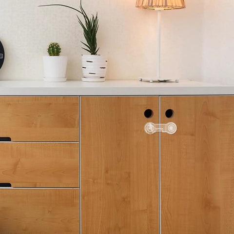 Easy Install Kid Safe Cabinet Locks For Drawers And Fridges, 10 Pack ABS Adhesive Safety Latches on wooden cabinet doors.