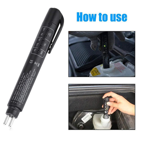 Front view of black brake fluid tester with 5 LEDs and pocket clip; inset shows it installed in a brake fluid reservoir.