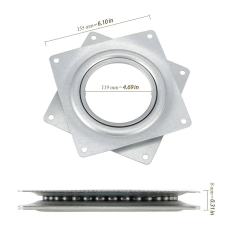 Rock Solid 6 Inch Lazy Susan Hardware 10 Pack Square Turntable Bearing Plate Zinc Plated Steel 300 Lb Capacity top view with measurements