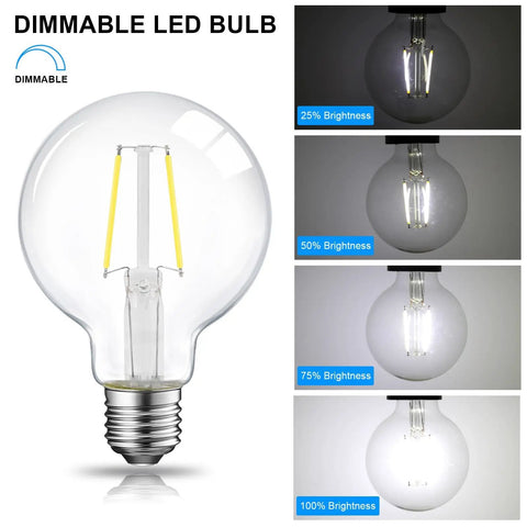 12 Pack 5W Dimmable LED Edison Light Bulbs G25 Globe With Ultra Thin Clear Glass Filament Look showcasing dimming levels