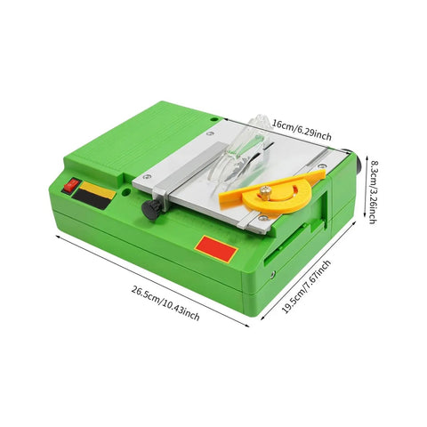 Compact 480W Mini Table Saw Featuring A Knockout Motor And Hella Smooth Wood Panel Slicing Lightweight Portable Electric Cutting Tool in green.