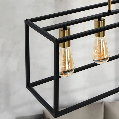 5 Light Modern Farmhouse Kitchen Island Chandelier With Black Brass Industrial Vibe, open geometric frame, close-up view