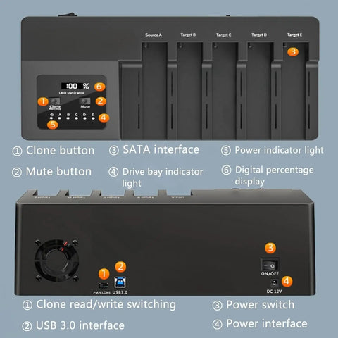 Five Bay Hard Drive Enclosure Copier Box For Offline Cloning Sata Ssd And Hdd Delivering 5Gbps Through Usb 3.0 control panel with buttons and indicators.