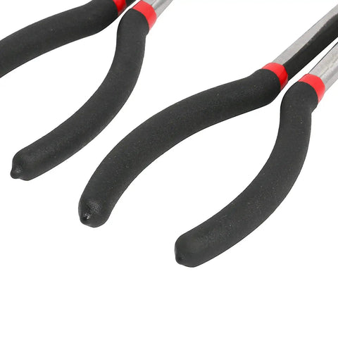Close-up of handles of Long Needle Nose Pliers Set 11 Inch 5 Piece Kit With Nipper Bent Nose Duckbill End Cutting And Diagonal Pliers