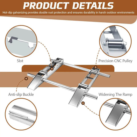 All-Weather Heavy-Duty Cable Drum Roller Reel Dispenser details with slot, CNC pulley, anti-slip buckle, and widening ramp