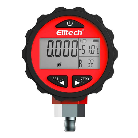 Front view of Pro Grade Two Way AC Manifold Gauge with Digital Pressure Readout, showing display and controls for R134A R12 R22 R410A refrigerants.
