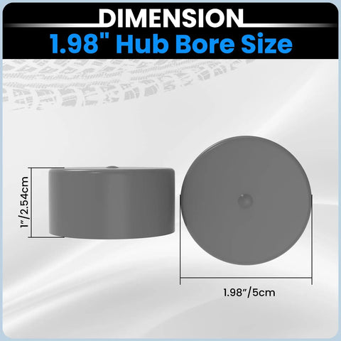 Diagram showing dimensions of 1.98 Inch Grey Rubber Trailer Wheel Hub Dust Caps for Bearing Protection, front and side views.