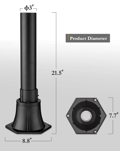 Heavy Duty Black Aluminum Outdoor Post Light Pole With Base For Pathway And Patio Lighting, 21.5 in height, 3 in diameter