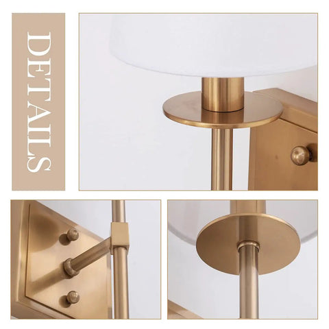 Close-up details of Sleek Modern Wall Sconces in Antique Brass Brush Finish With White Fabric Shade metal fixture for bedroom, bathroom