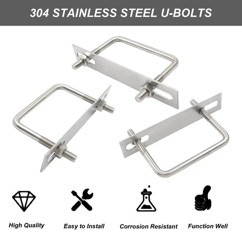 Heavy Duty 304 Stainless Steel Square U Bolts Four Pack With Plates And Nuts M8 Thread 82mm Inner Width 75mm Length For Cars Trailers