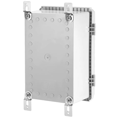 Waterproof IP67 ABS Plastic Electrical Junction Box Enclosure with Hinged Cover, 11.4x7.5x5.5 inches, front view, grey cover.