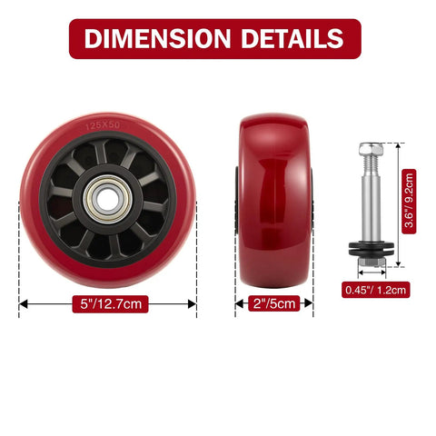 5 Inch Caster Wheels 4 Pack Double Swivel Bearings With Non Marking Poly Tread Tough As Nails Build measuring 5 inch diameter with detailed dimensions.